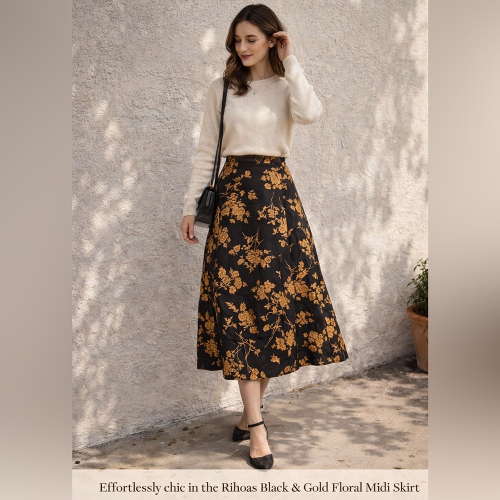 Rihoas Black Gold Floral Midi Skirt A-Line High Waist XS